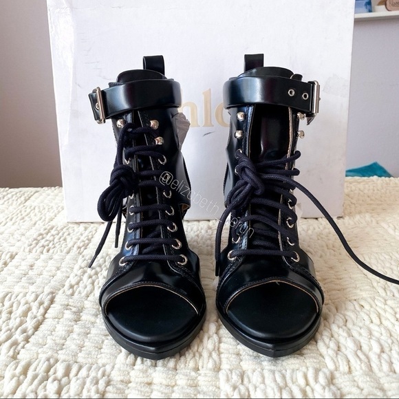 Chloé Rylee Cut-Out Leather Ankle Boot Heel Buckle Open-Toe Black EU 37.5 NIB - Picture 3 of 15
